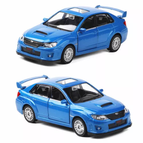 Blue Subaru WRX STI diecast model car, 1/36 scale, front and side views