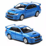 Blue Subaru WRX STI diecast model car, 1/36 scale, front and side views