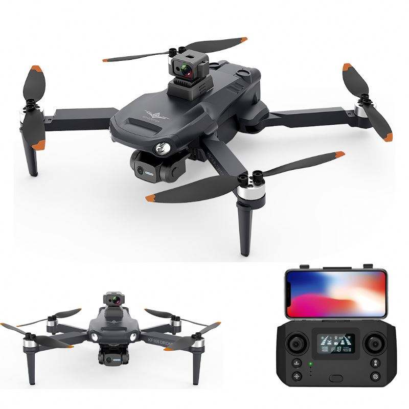 Quadcopter drone with 3-axis camera gimbal and four propellers, plus handheld controller screen