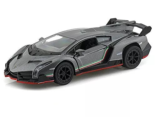 Grey diecast model toy car, front three-quarter view with black wheels and green/red accents