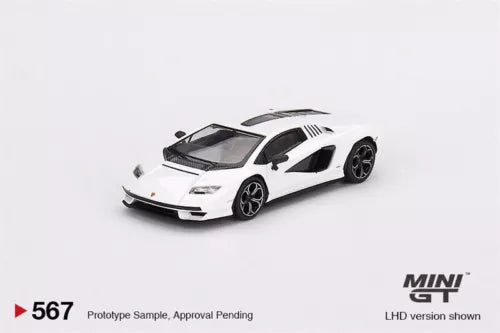 MINI GT 1:64 diecast model car, white with black side stripe and front splitter