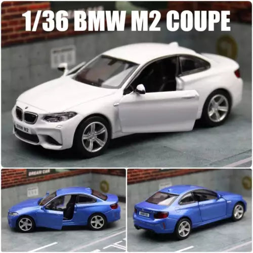 1:36 scale BMW M2 coupe diecast sports car model, white and blue views