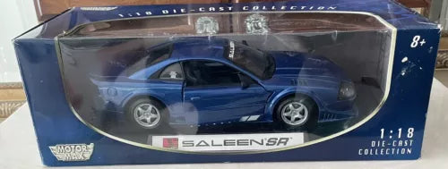 Blue 1:18 scale diecast car model in box, Saleen SR with Motor Max branding