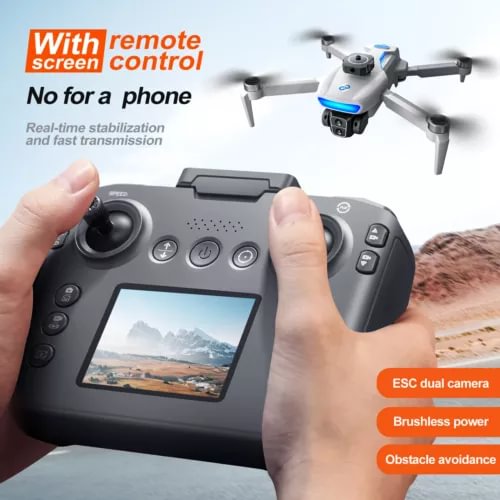 RC drone with remote controller and built-in screen; hand on joystick, quadcopter visible