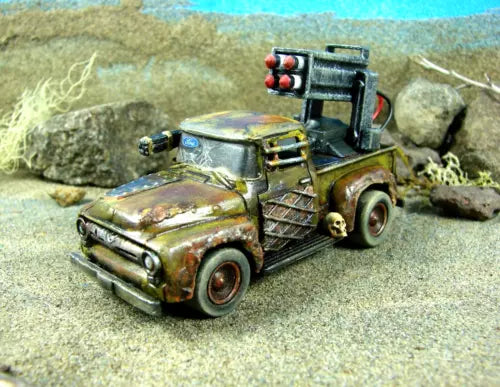 Custom diecast 1:64 truck with open front rack and rugged weathered paint