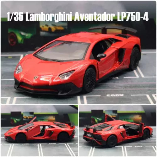 1/36 scale Lamborghini Aventador LP750-4 SV red diecast model car with alloy wheels