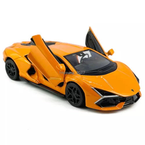 Orange diecast model car with black wheels and open cockpit