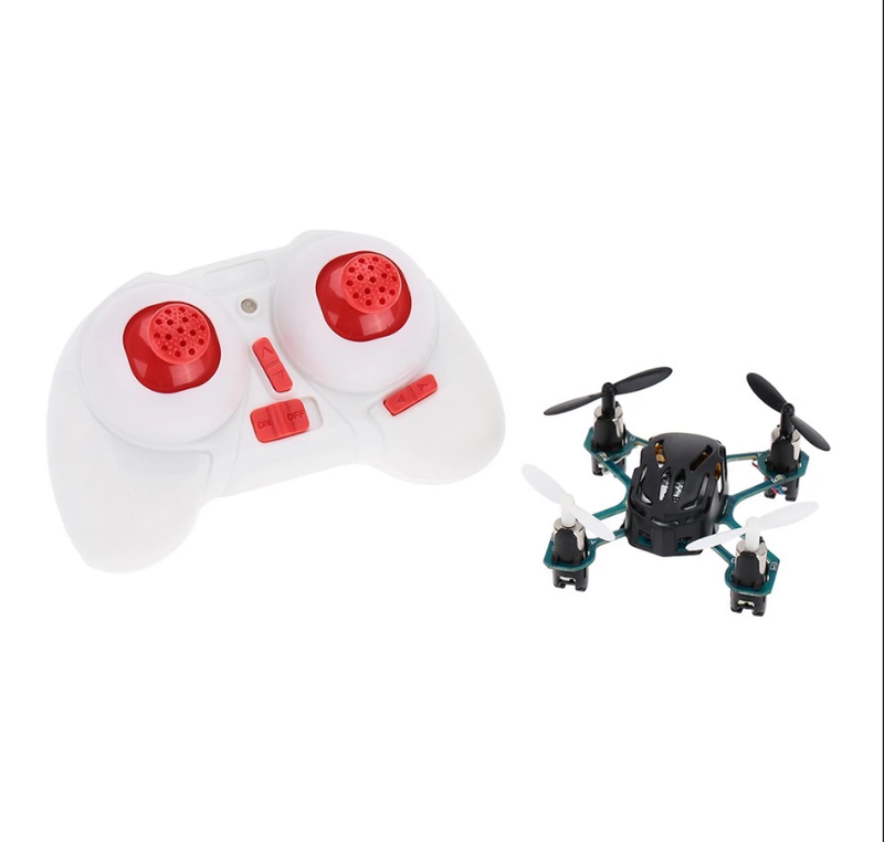 Mini quadcopter drone with red-and-white RC controller, four propellers