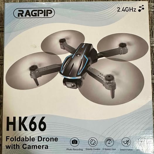 Foldable camera drone with four propellers, black and blue body