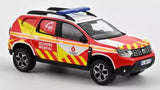 1:43 diecast rescue car model, red and yellow emergency graphics, side view