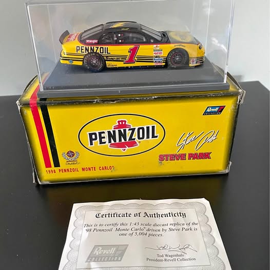 1:43 scale Pennzoil Steve Park diecast car in clear display case with authenticity card