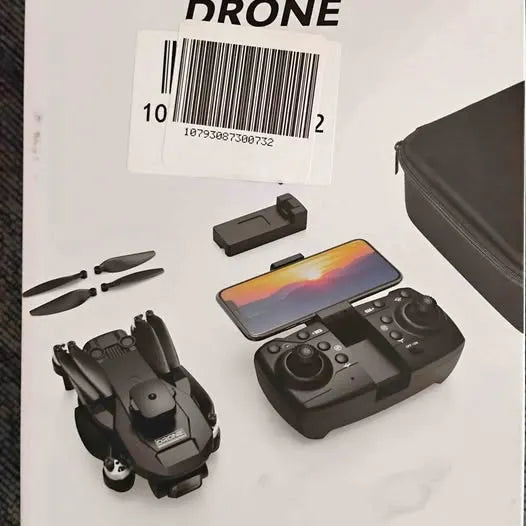 Foldable dark gray drone with remote controller and phone mount, plus small propellers.