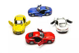 Diecast toy car set, four small cars in blue, yellow, red, and white.