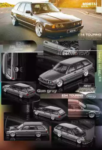 BMW E34 M5 Touring diecast toy wagon car in gun gray, with open hood detail