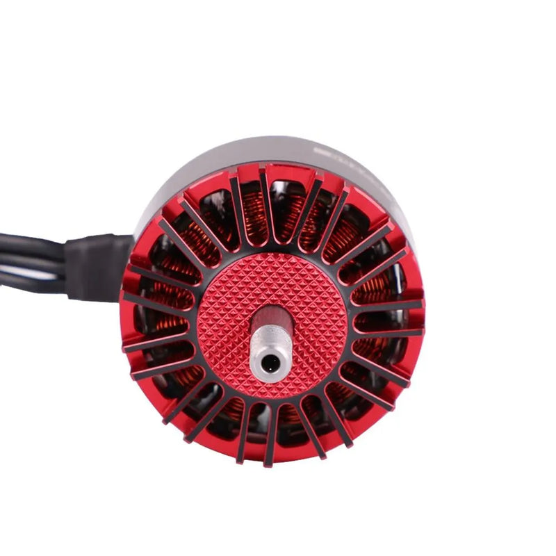 Red circular brushless motor hub with black wire lead and silver center