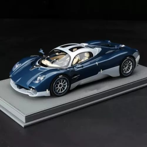 Pagani Utopia diecast racing car model, blue and white, with open cockpit detail