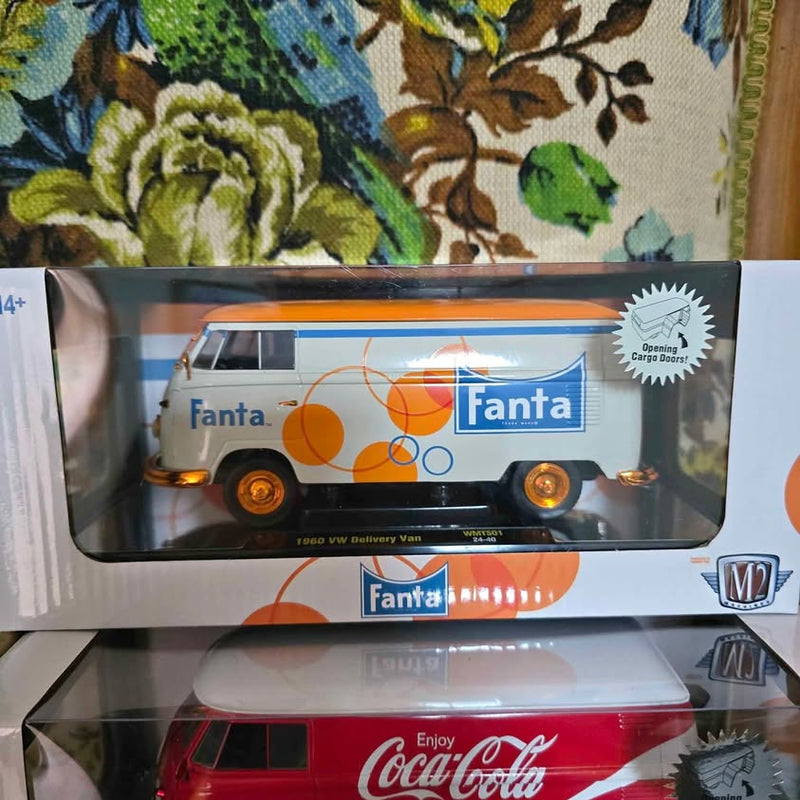 Fanta VW bus 1:24 diecast model in retail box, orange and blue graphics