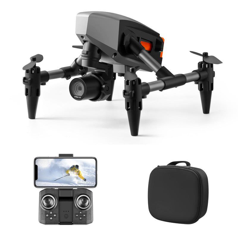 Foldable mini quadcopter drone with dual camera, plus controller screen and carry case.