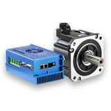 Brushless DC servo motor with blue driver unit and black connectors
