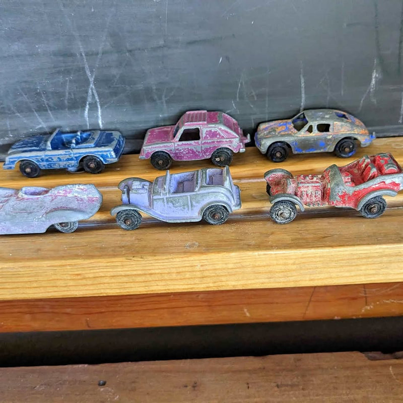 Vintage diecast toy cars, multicolor lineup of 6 vehicles with detailed paint