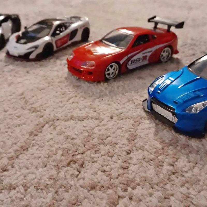 1:32 diecast racing model cars, red and blue with opening hood details