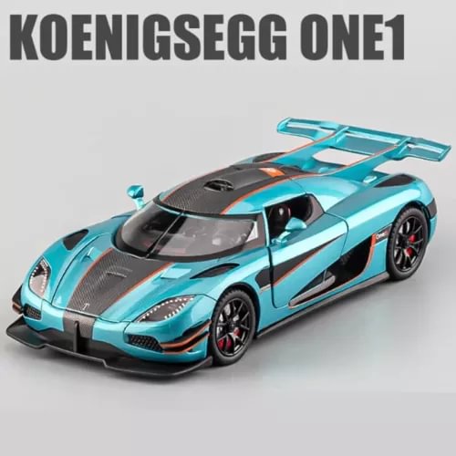 Alloy sports car model diecast, turquoise blue with black hood and red wheel accents