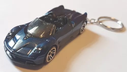 Diecast roadster keyring car with dark blue finish and chrome key ring