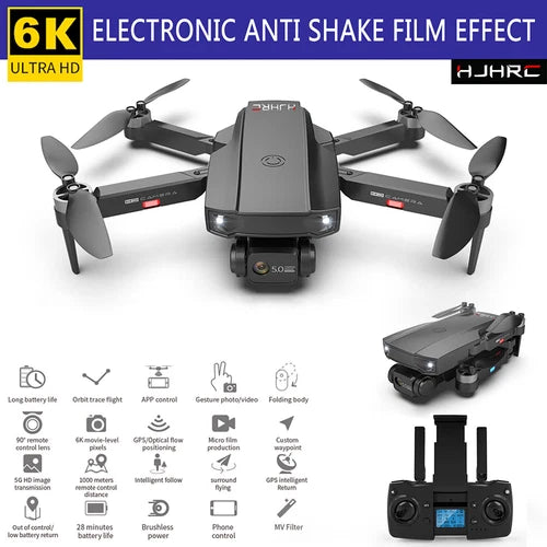 Folding quadcopter drone with four propellers, front camera/gimbal and controller display