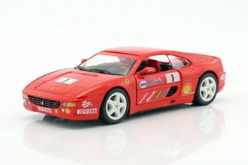 Red Ferrari F355 race diecast model car, 1:24 scale, front-left view