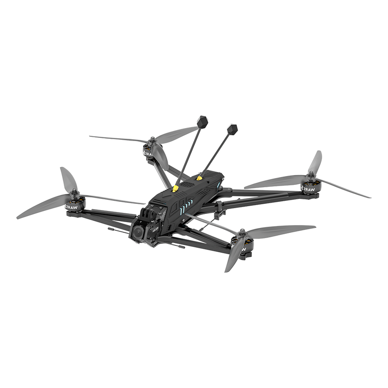 Black quadcopter FPV drone with 4 propellers and camera module