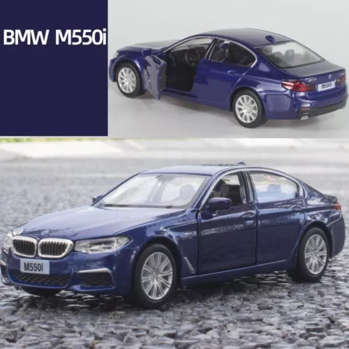 1/36 BMW M550i blue diecast model car, front three-quarter view