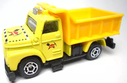 Yellow and orange diecast dump maintenance truck, side view with open cab and tipping bed