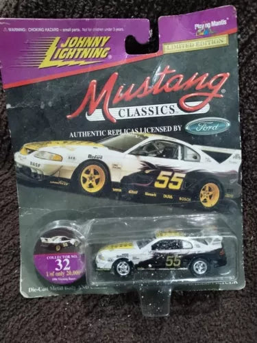 Diecast Mustang race car in clear blister pack, white and black, #55
