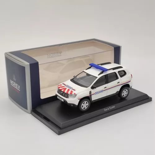 White and blue police duty diecast SUV model car on display base, with decals