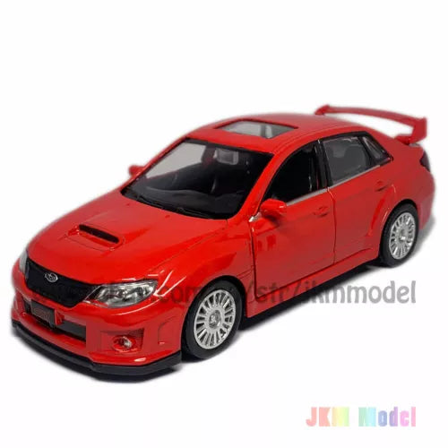 Red Subaru WRX STI diecast model car with alloy wheels and hood scoop