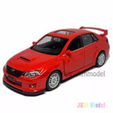 Red Subaru WRX STI diecast model car with alloy wheels and hood scoop