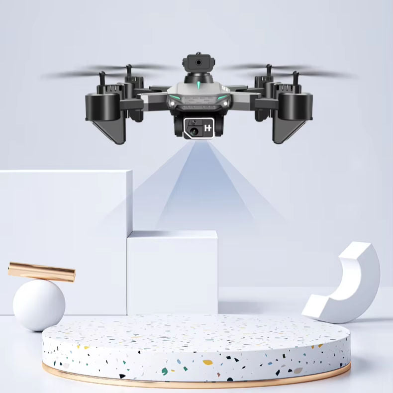 Quadcopter drone with dual cameras, four propellers, and front camera module