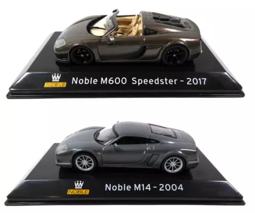 Set of 2 diecast Noble sports cars on display bases: M600 Speedster 2017, M14 2004