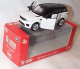 White diecast pull-back toy car with black roof, in red gift box