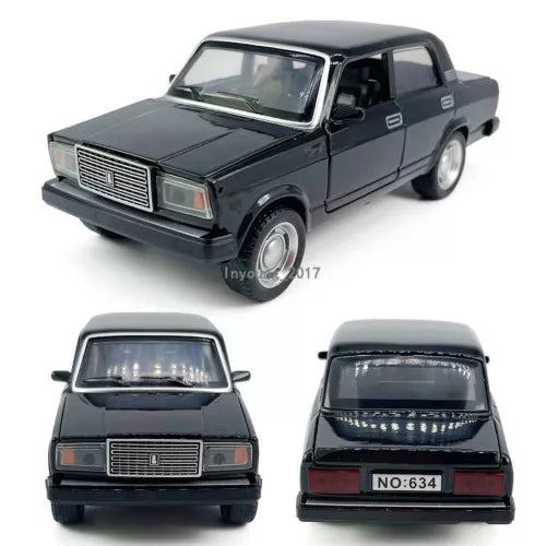 Black 1:32 diecast model car with grille and headlights, front and rear views