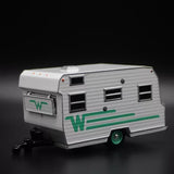 Diecast travel trailer model car, white with green W decals and side windows