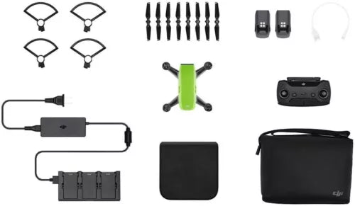 Refurbished DJI Spark drone with meadow green body, remote, batteries, propellers and case