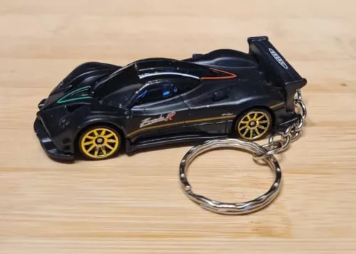 Diecast model car keyring, black Pagani Zonda R with gold wheels and metal chain ring