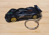 Diecast model car keyring, black Pagani Zonda R with gold wheels and metal chain ring