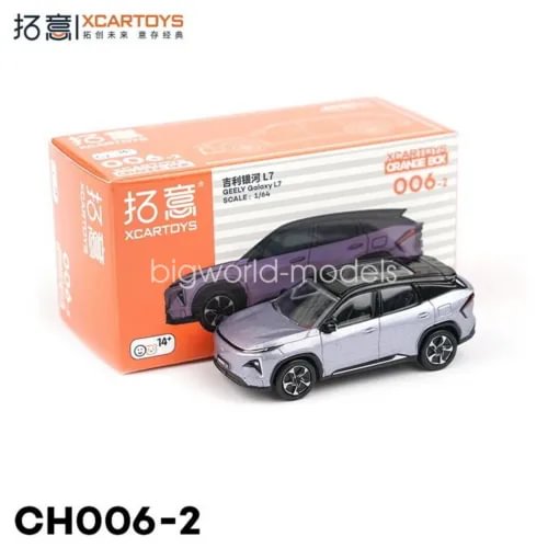 Purple and silver diecast car model in box, 1/64 scale