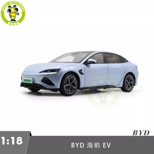 1:18 BYD Seal EV diecast model toy car, light blue, front 3/4 view