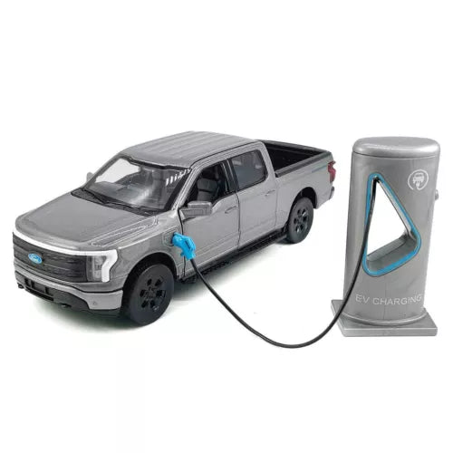 Gray die-cast 1:36 pickup toy with front lights and EV charging stand
