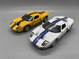 Kinsmart 1:36 Ford GT diecast toy cars, yellow and white with blue/black stripes