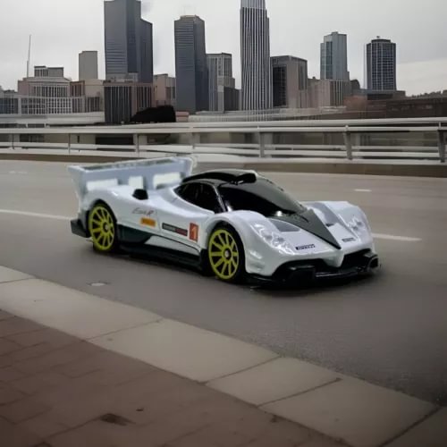 White and black supercar diecast model with yellow wheel rims