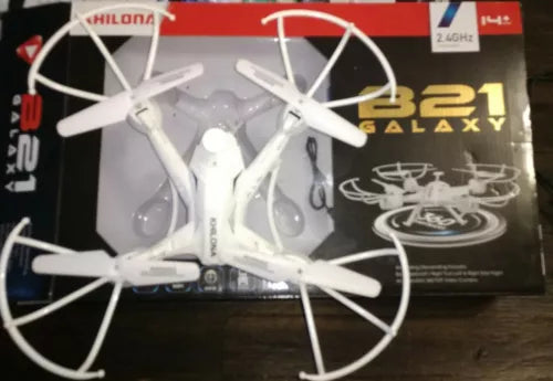 White quadcopter drone with four propellers, compact foldable design